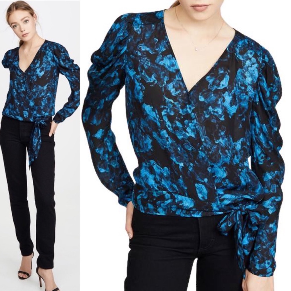 Parker Blue Black Floral Silk Blend Wrap Top (Arya Blouse in Rainstorm)